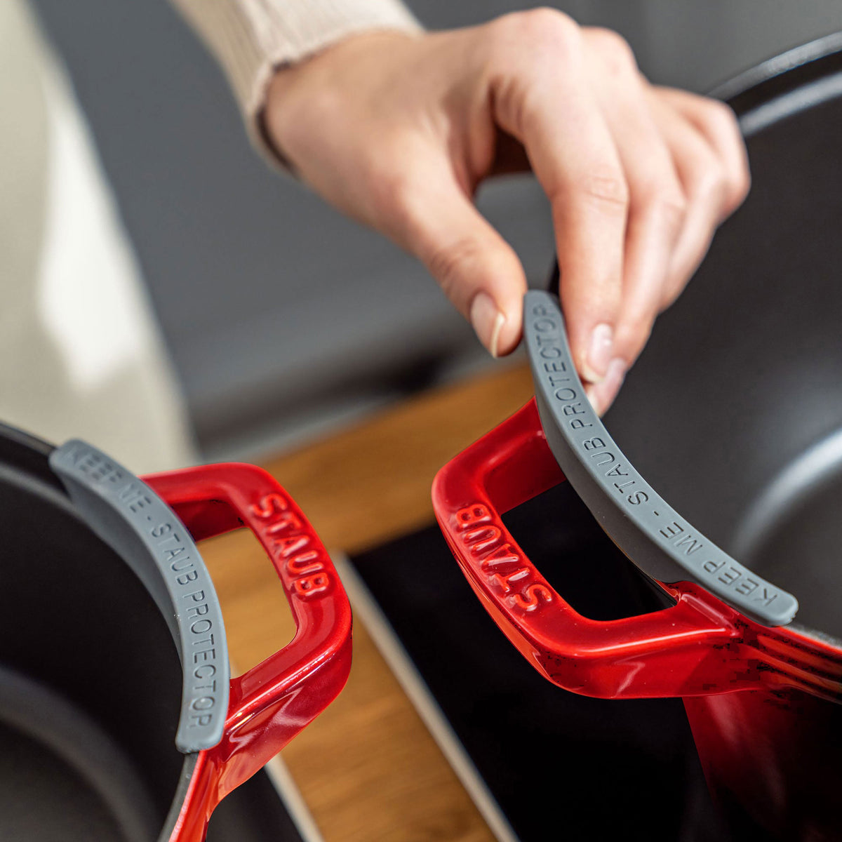 STAUB Cast Iron Set 4-pc, Stackable Space-Saving Cookware Set, Dutch Oven,  Skillet, Grill Pan with Universal Lid, Made in France, Cherry