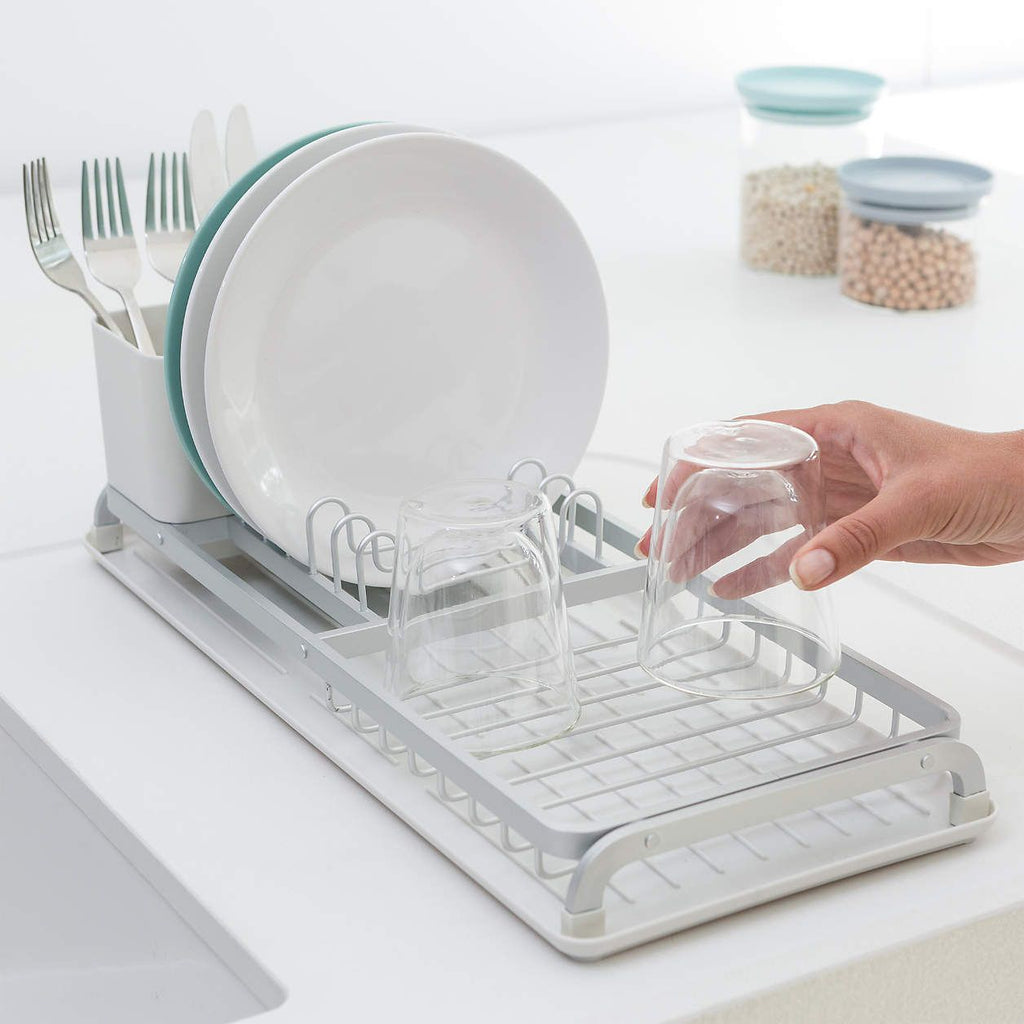 Compact Collapsible Dish Drying Rack and Ultra Absorbent Microfiber Mat.  Drain and Air Dry 5 Plates, 2 Bowls and Silverware Without Dripping on